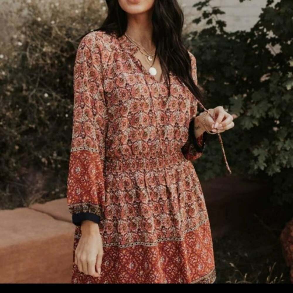Bohme Boho Patterned Mini Dress Women's Size M Brown Smocked Waist Ruffle Neck